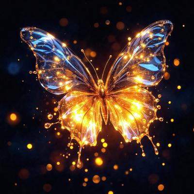 The primary subject of the image is a butterfly, which is the main object, scene, or focus of the image. The butterfly is depicted in a digital art style, with a yellow and orange color scheme that gives it a warm and vibrant appearance. The setting or background of the image is a dark, starry night, which adds a sense of depth and contrast to the butterfly's glowing wings.